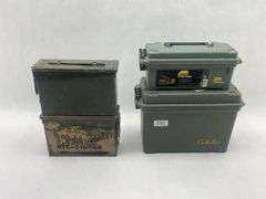 Lot of Military Surplus Ammunition Cans and Plastic Storage Boxes