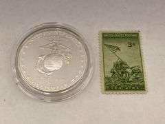 US Marine Corps Silver Dollar Coin and Iwo Jima Stamp