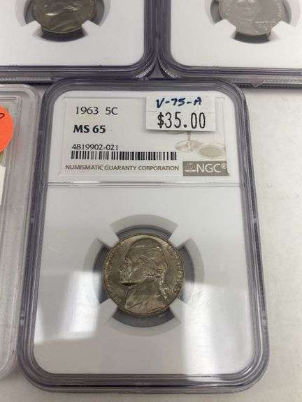 Graded Jefferson Nickels: 1939-P, 1963, 1967, 2005-S, 2010-S