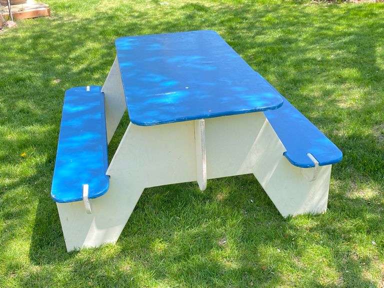 Children's Wood Picnic Table - Blue & White