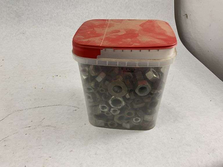 Bolts, Nuts, and Washers - Assorted Sizes and Styles in Buckets