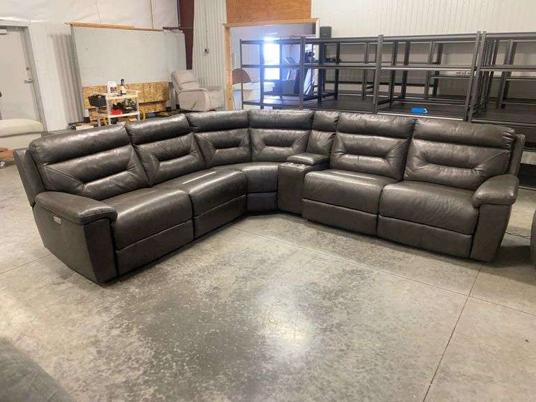 Gray Leather Power Reclining Sectional Sofa