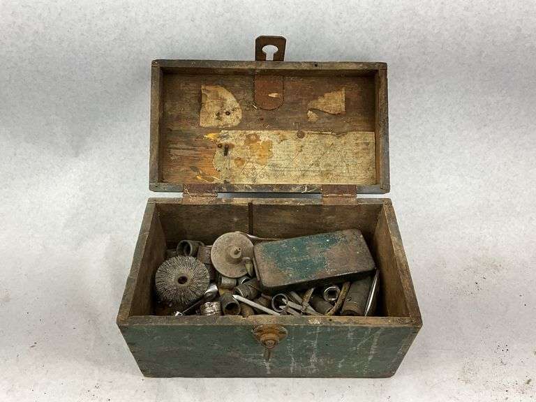 Green Wooden Tool Box with Assorted Tools