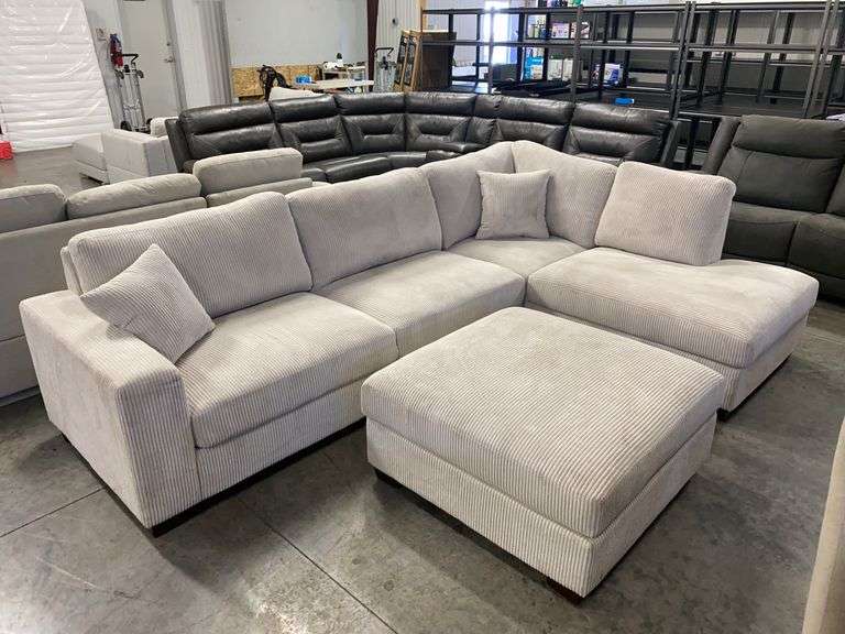 White Cream Corduroy 3pc Sectional w/ Ottoman