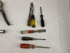 Mixed Lot of Assorted Hand Tools: Hammers, Pliers, Screwdrivers, and Chisels