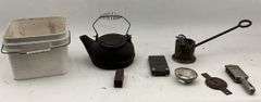 Cast Iron Tea Kettle, Fishing Weight Mold and Assorted Metal Items
