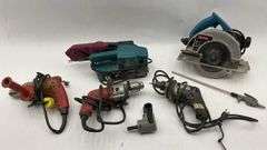 Assorted Power Tool Lot: Ryobi Circular Saw, Makita Belt Sander, and More
