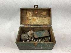 Green Wooden Tool Box with Assorted Tools