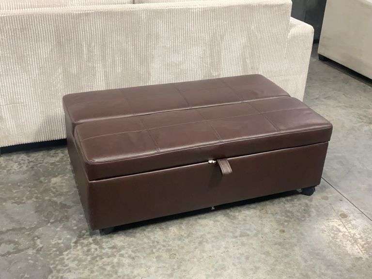 Brown Leather Storage Ottoman Sleeper w/ Mattress