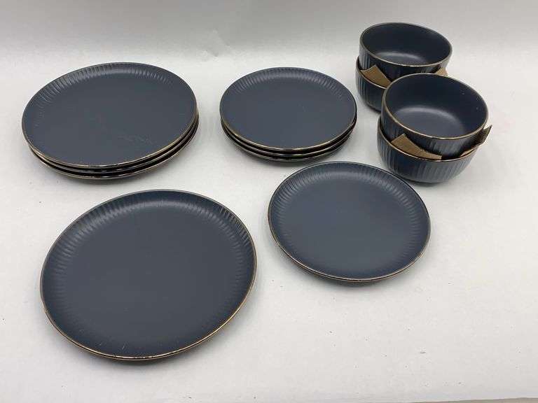 4 Place Setting Safdie & Co. Inc. Stoneware Dinnerware Set - Gray with Gold Trim - 12 Pieces