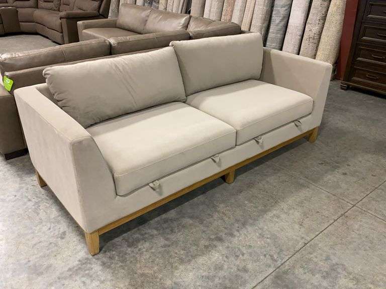 Beige Fabric Storage Sofa w/ Oak Base & Lift Top