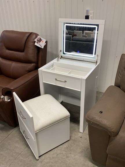 Odessa White Lift-Top Vanity w/ LED Mirror & Seat