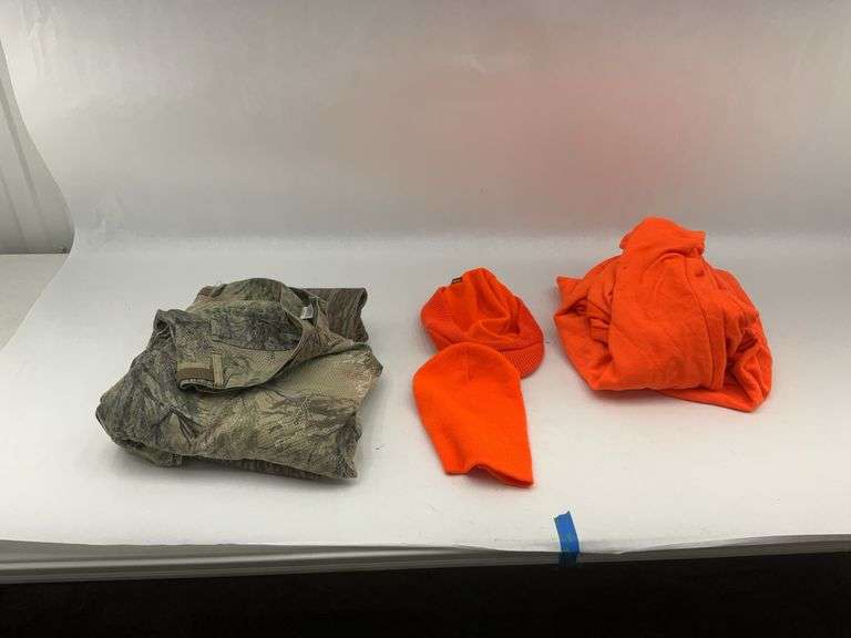 Hunting Apparel: XL Camouflage Sweatshirt and Pants, Orange Hat and Face Mask image
