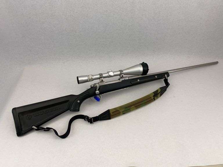 Ruger M77 Mark II Bolt Action Rifle with Weaver Scope 7mm REM MAG. Zytel Paddle Stock image