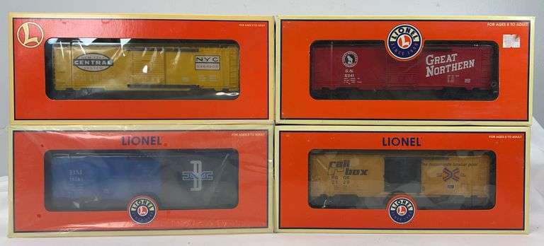 Lionel O Gauge 25307 B&M, 29283 NYC 6464, 36256 GN, 36789 Railbox w/TrainSounds box cars in box image