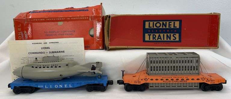 Postwar Lionel O Gauge 3830 flat w/sub 6519 Allis Chalmers in original boxes image