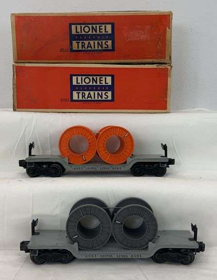 Postwar Lionel O Gauge 6561 depressed center cable reel cars orange & gray reels in box image
