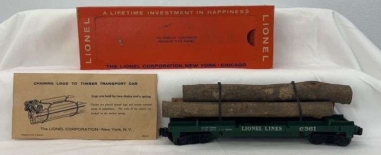 Postwar Lionel O Gauge 6361 Log Car in box with instructions, chains & logs image