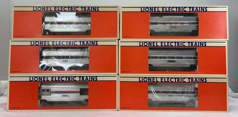 Lionel O Gauge Amtrak 15" alum. pass. cars in box 19100, 19102 x2, 19103 x2, 19106 image