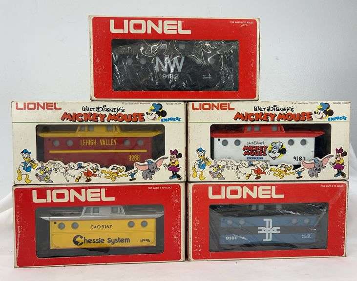 Lionel O Gauge 9167 C&O, 9181 B&M, 9182 N&W, 9183 Mickey, 9288 LV porthole cabooses in box image