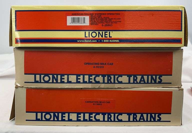 Lionel O Gauge 9220 op. milk car, 19802 Carnation op. milk car, 26863 ARE op. milk car in box image