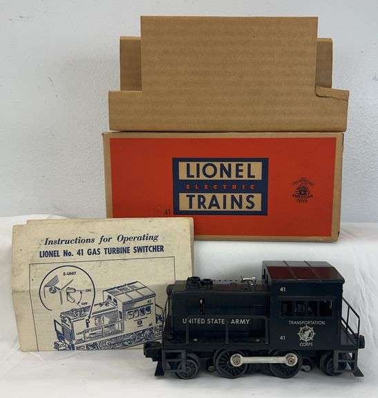 Postwar Lionel O Gauge No. 41 U.S. Army Transportation Corps diesel switcher in box w/insert & instr. image