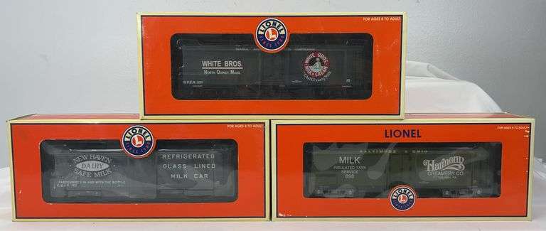 Lionel O Gauge 17340 White Brothers milk car, 17366 NH milk car, 52333 Harmony w/Lou Redman in box image