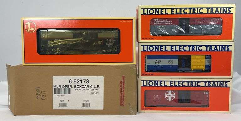 Lionel O Gauge 19827 NYC op. box car, 19805 SF op. boxcar, 9219 MP animated box, 52178-559 Uncle Herb action car in boxes image