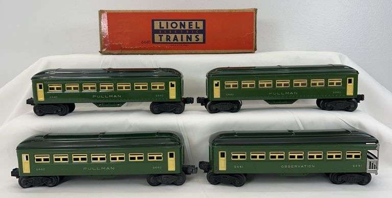 Postwar Lionel O Gauge 6440, 6440, 6440 Pullmans 6441 observation w/two boxes image