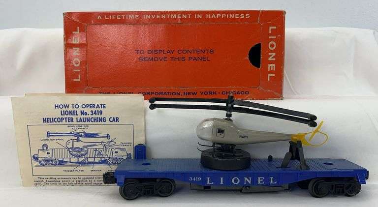 Postwar Lionel O Gauge 3419 operating helicopter car in original box w/instructions image
