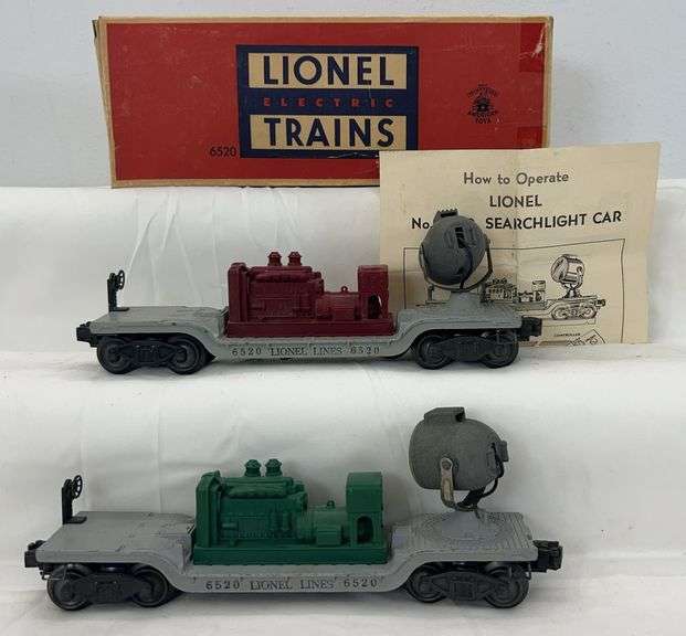 Postwar Lionel O Gauge 6520 searchlight car green and maroon generator variations w/box image