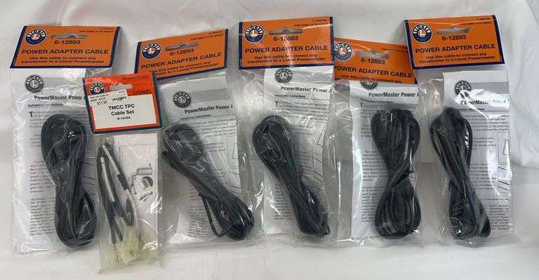 Five Lionel 12893 Power Adapter Cables in packages, 14194 TMCC TPC Cable set in package image