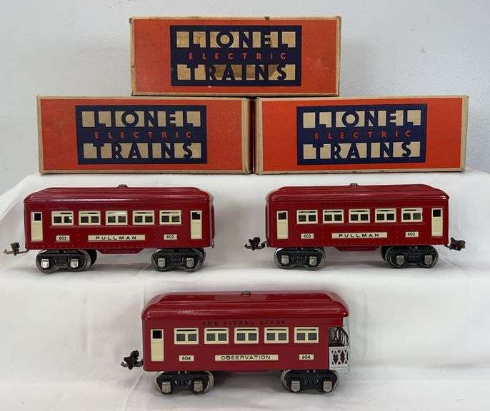 Prewar Lionel O Gauge Red Comet passenger cars 603 Pullman, 603 Pullman, 604 observation in box image