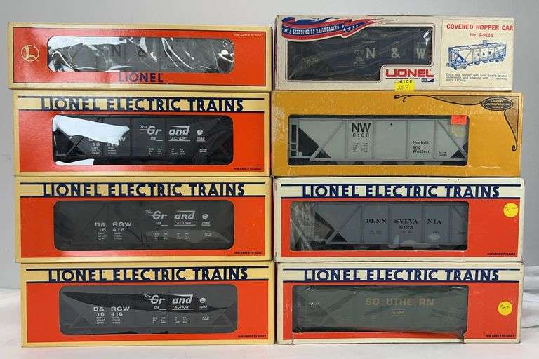 Lionel O Gauge 6123, three 16418, 6104, 19329, 9160, 6106 freight in original boxes image