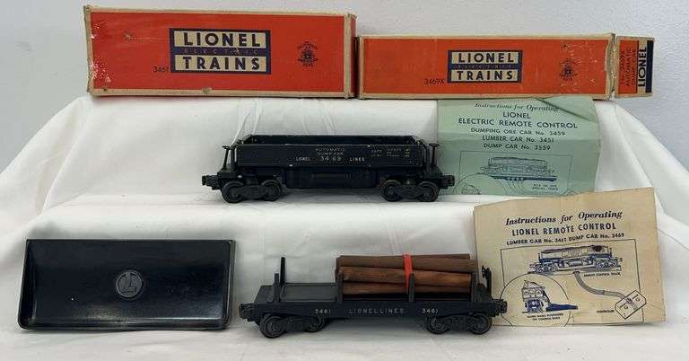 Postwar Lionel O Gauge 3461 Automatic Lumber car & 3469X Automatic Dump car in box image
