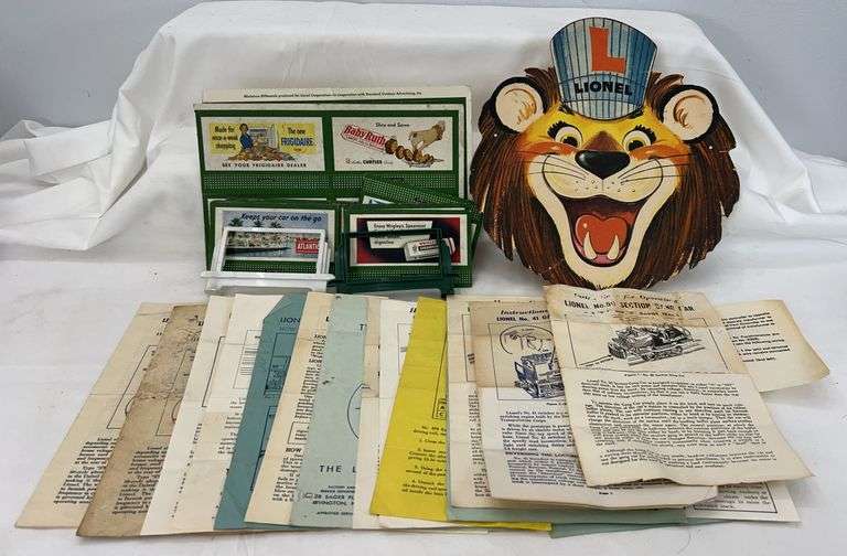 Postwar Lionel O Gauge lot of instructions, billboard sheets, Lenny the Lion mask image