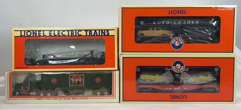 Lionel O Gauge 52474 NYC Evans Auto-Loader, 01350 Katy Auto-Loader, 52099/52117 flatcar w/tractor & trailers in boxes image