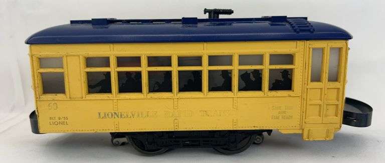 Postwar Lionel O Gauge No. 60 blue letter trolley with 8690 blue vented roof image