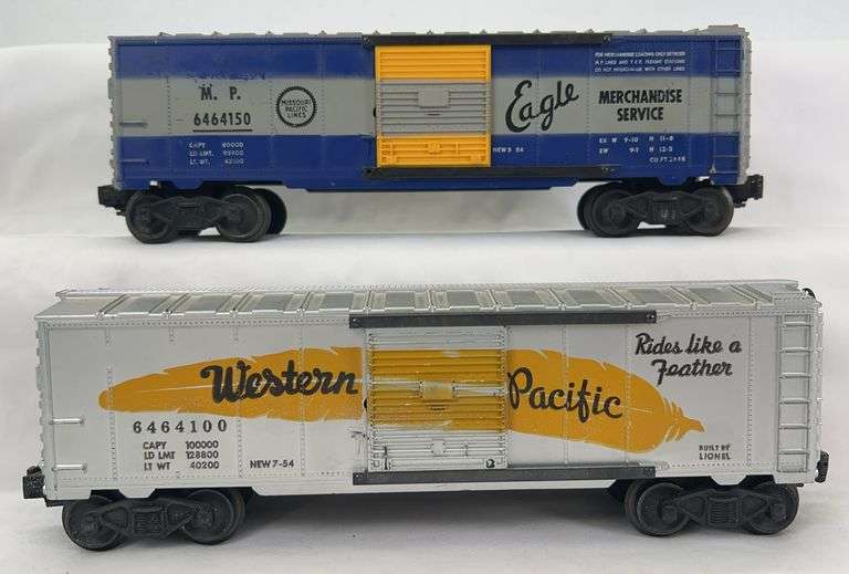 Postwar Lionel O Gauge 6464-100 Western Pacific yellow feather 6464-150 Missouri Pacific box cars image