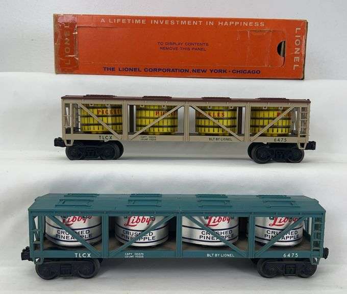 Postwar Lionel O Gauge 6475 Pickles Vat car and 6475 Libby's Crushed Pineapple Vat car w/Pickle Car box image