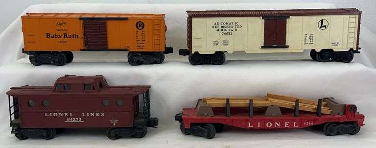 Postwar Lionel O Gauge X2454 Baby Ruth, 3662 Milk, 6264 flat w/ties, 6427 porthole image