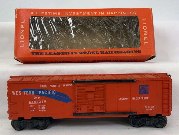 Postwar Lionel O Gauge 6464-250 Western Pacific type IV boxcar in Hillside picture window box image