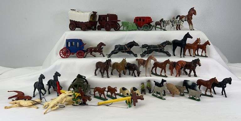 Collection of Cast Metal Horses and Western Toy Figures wagons stagecoaches pigs sheep image