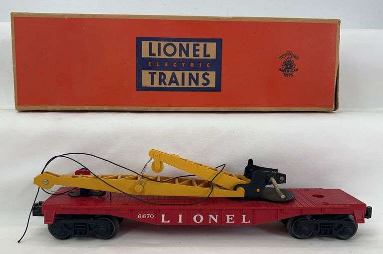 Postwar Lionel O Gauge 6670 Derrick Boom Crane Car in original over-stamped box image