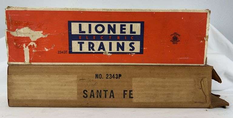 Postwar Lionel O Gauge 2343P-S.F. X and 2343T Santa Fe EMD F-3 A-A diesel locomotive original boxes image