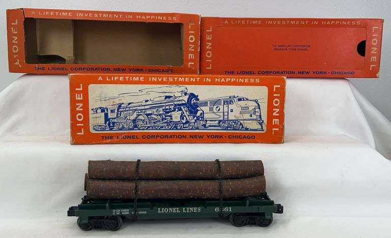 Postwar Lionel O Gauge 6361 log car w/original load, chains, spring and 3 boxes image