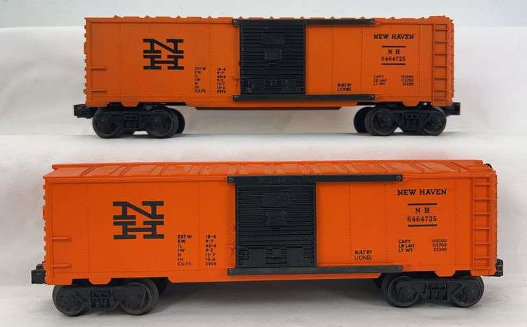 Two postwar Lionel O Gauge 6464-725 New Haven type IV boxcars AAR trucks gray mold image
