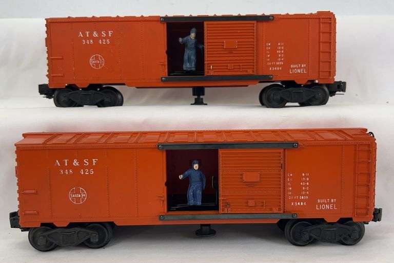 Postwar Lionel O Gauge 3484-25 AT&SF operating box cars, one with 6352 ice hatch image