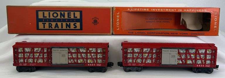 Two postwar Lionel O Gauge 6434 Poultry Dispatch Cars w/one original box image