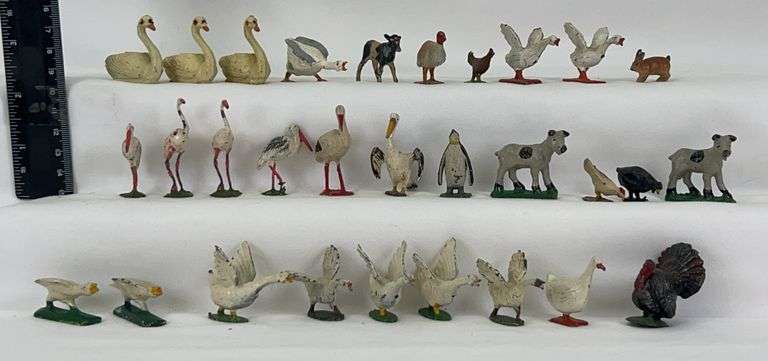 Twenty-six lead birds - Swans, Flamingos, Turkeys, Penguin, Chicken, two calves, cow, rabbit image